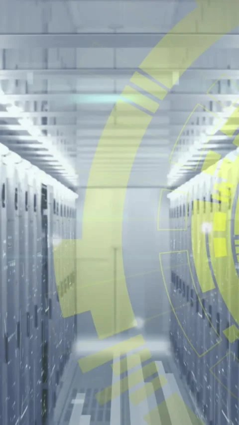 Animation of loading circles over bars on data server systems in server room Stock Footage 344693650