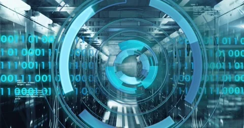 Animation of loading circles over binary codes against bars on server room Stock Footage 247124085