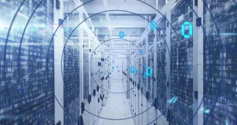 Animation of loading circles over binary codes moving between server racks at Stock Footage 247261432