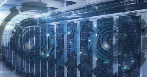 Animation of loading circles over binary codes on data server racks in server 스톡 동영상 250381843