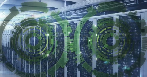 Animation of loading circles over binary codes on data server racks in server Stock Footage 250381844