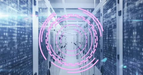 Animation of loading circles over binary codes on data server racks in server Stock Footage 330591203