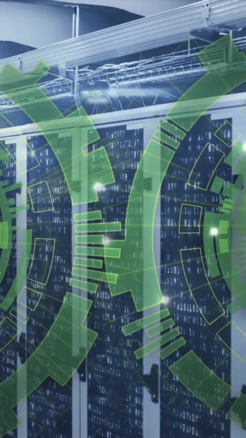 Animation of loading circles over binary codes on data server racks in server 動画素材 344636497