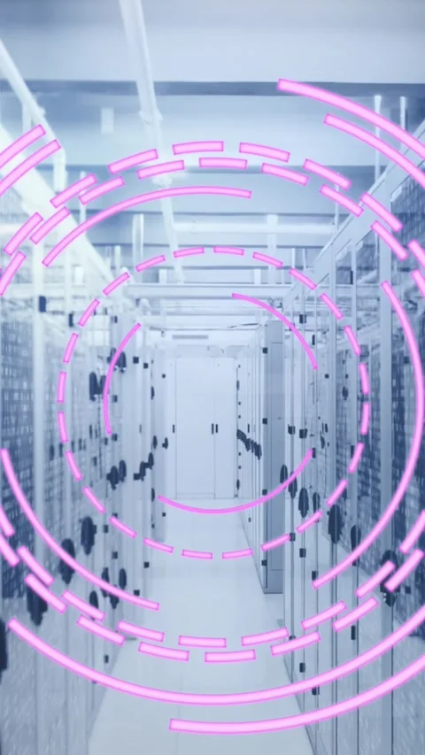 Animation of loading circles over binary codes on data server racks in server 動画素材 344679405