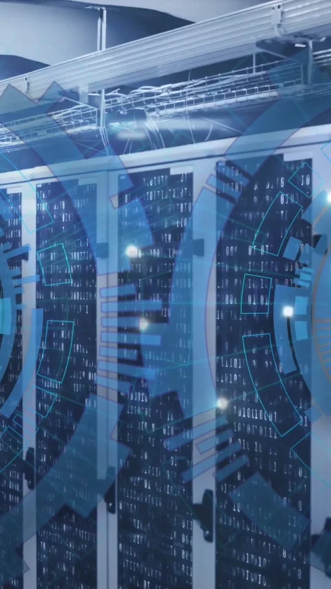 Animation of loading circles over binary codes on data server racks in server 動画素材 344679413