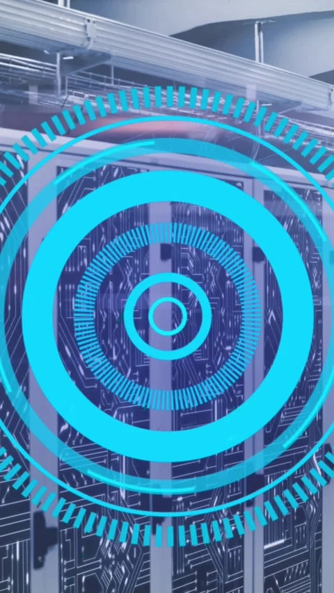 Animation of loading circles over circuit board pattern on data server racks in Stock Footage 319156378