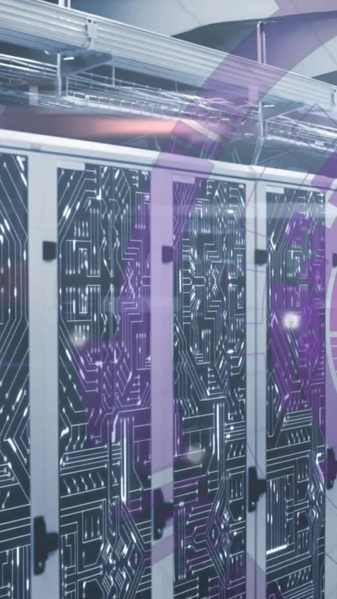 Animation of loading circles over circuit board pattern on server racks in Stock Footage 343888168