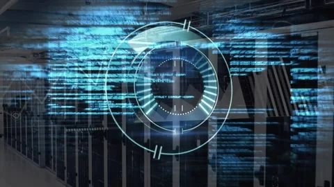 Animation of loading circles over computer language against server room in Stock Footage 246530602