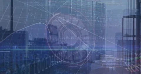 Animation of loading circles over computer language and trading board against Stock Footage 246588759