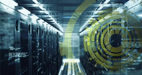 Animation of loading circles over computer language against bars on server room Stock Footage 247124073