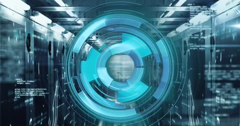 Animation of loading circles over computer language against lines and bars on Stock Footage 247124077