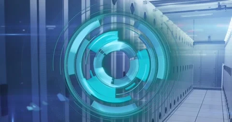 Animation of loading circles over computer language against server room in Stock Footage 247124088