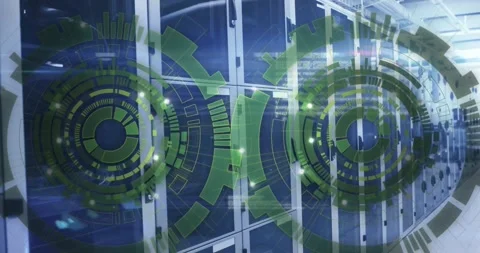 Animation of loading circles over computer language against server room in Stock Footage 247124101