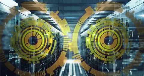 Animation of loading circles over computer language against bars on server room Stock Footage 247124122