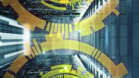 Animation of loading circles over computer language against bars on server room Stock Footage 313378281