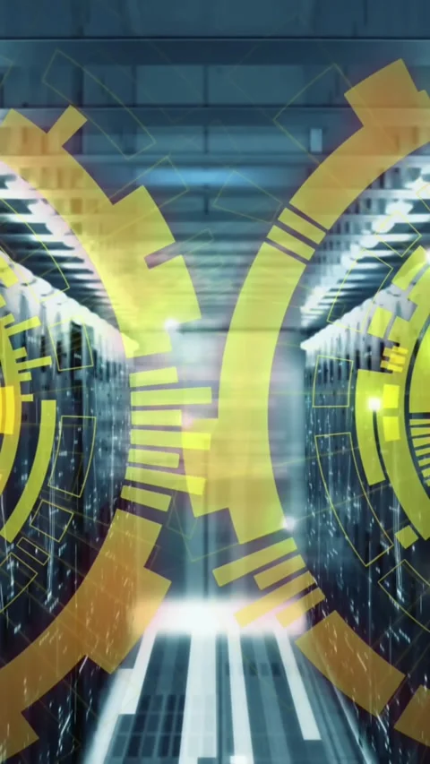 Animation of loading circles over computer language against bars on server room Stock Footage 321039235