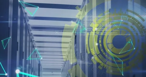 Animation of loading circles over connected dots forming shapes against server Stock Footage 327123293