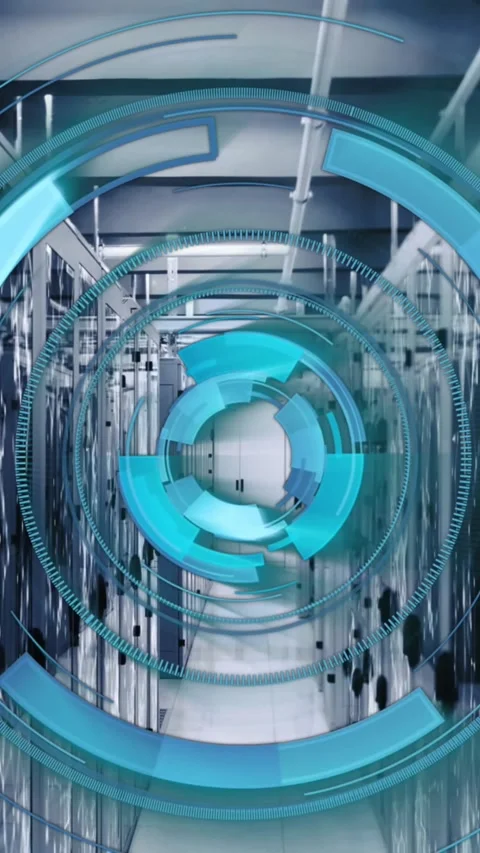 Animation of loading circles over connected dots on data server racks in server Stock Footage 344636490