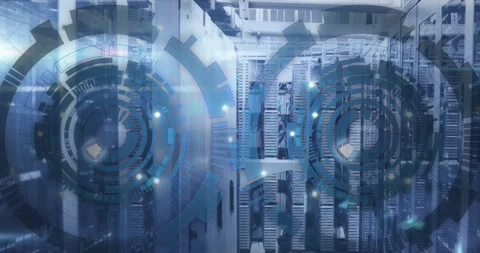 Animation of loading circles over data server systems in data server room Stock Footage 325963245