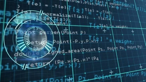 Animation of loading circles over grid pattern against computer language on Stock Footage 240641929