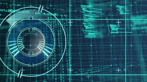 Animation of loading circles over grid pattern against computer language on Stock Footage 240642017