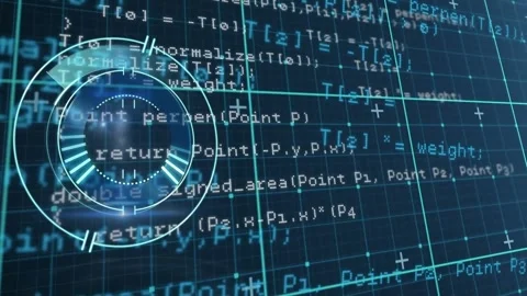 Animation of loading circles over grid pattern against computer language on Stock Footage 240642105