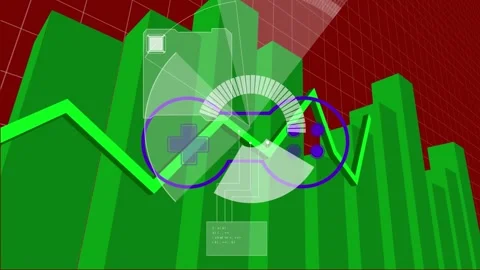 Animation of loading circles, shapes and gaming console over graphs, grid and Stock Footage 328360353