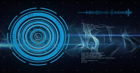 Animation of loading circles, soundwave, abstract pattern, computer language Stock Footage 328408618