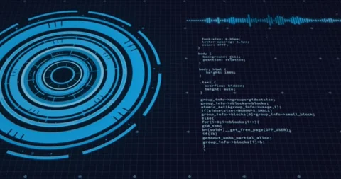 Animation of loading circles, soundwave and computer language over black Stock Footage 329368826