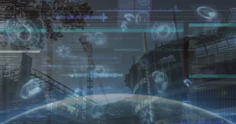 Animation of loading circles, soundwaves, globes, computer language on under Stock Footage 327641841