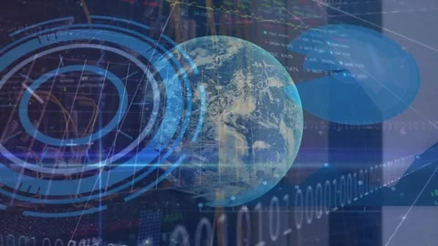 Animation of loading circles, trading board, binary codes, computer language Stock Footage 222833435