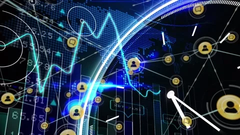 Animation of loading circles, words, midsection of businessman touching icons Stock Footage 326099932