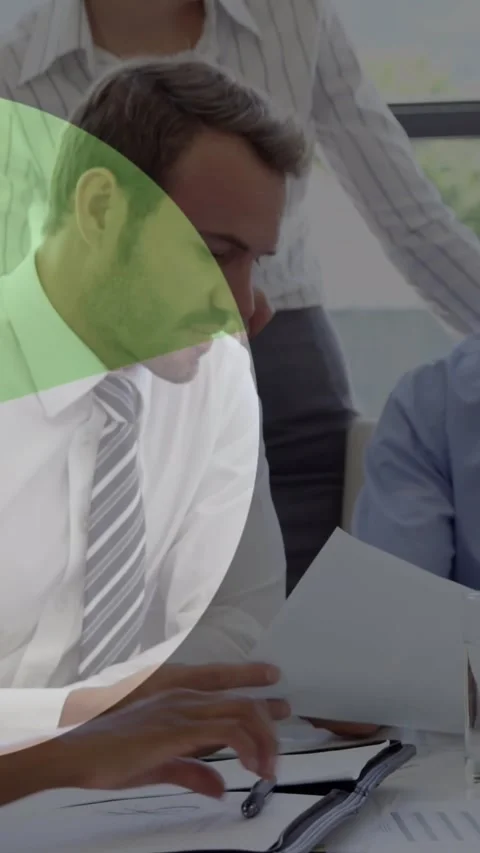 Animation of loading pie chart over diverse coworkers sharing ideas and woman Stock Footage 343888033