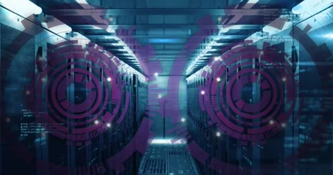 Animation of loading scopes over computer language against bar on server room Stock Footage 247316357