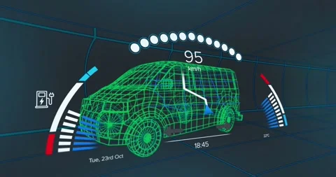 Animation of loading speedometer over 3d model of van against black background Stockbeeldmateriaal 327446203