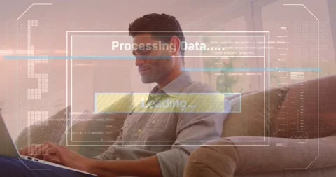 Animation of loading text in bar, computer language, biracial man using laptop Stock Footage 244936053