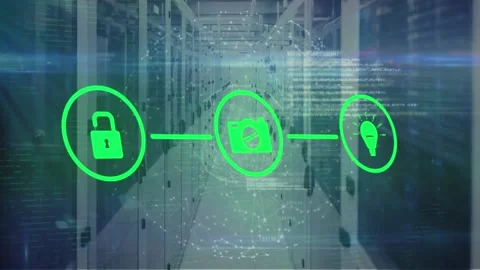 Animation of lock, camera, bulb forming flowchart over digital globe and Stock Footage 238395958