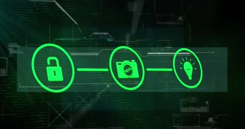 Animation of lock, camera, light bulb forming flowchart over programming Stock Footage 247123515