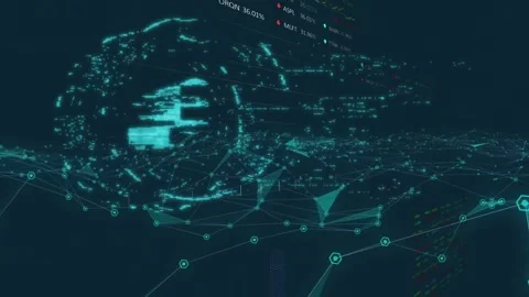Animation of lock in circle, dots connecting with lines over stock market data 스톡 동영상 204384078