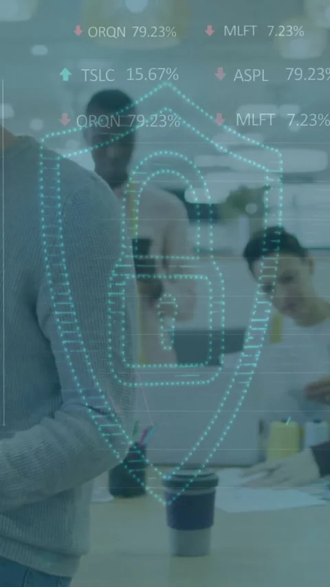 Animation of lock in shield with data over diverse colleagues reading documents Stock Footage 343082725