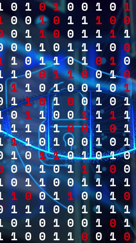 Animation of lock in shield with dna helix and binary codes over abstract Stock Footage 321625285