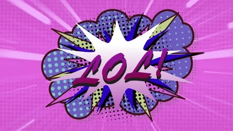Animation of lol text over a retro speech bubble against light trails on purple Stock Footage 230188268