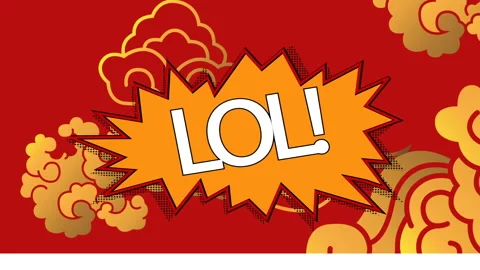 Animation of lol text on retro speech bubble over yellow oriental pattern on red Stock Footage 152473894