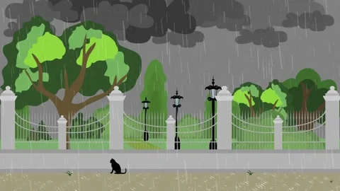 Animation a lonely black cat gets wet in the rain in a city park Stock Footage 182745564