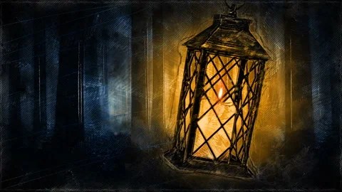 Animation loop of a Candle lantern in a creepy and foggy forest Stock Footage 155400056
