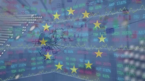 Animation loop of european union flag with world map and programming data over Stock Footage 329774909
