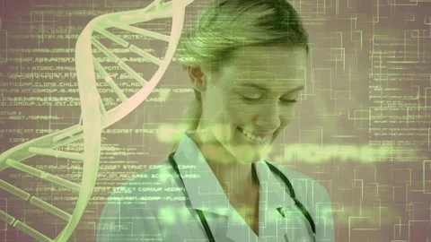 Animation loop of programming code and dna helix against smiling caucasian Stock Footage 329926037