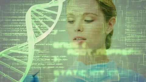 Animation loop of programming data and dna helix rotating over caucasian doctor 動画素材 330174770