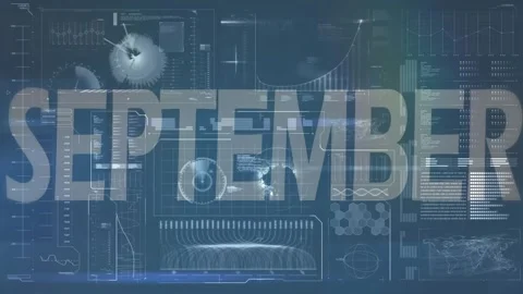 Animation loop of september text over infographic interface with globe, graph, Stock Footage 326888907