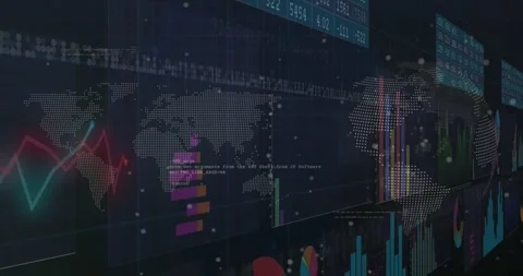 Animation loop starting, dashboard panels shifting and globe rotating, bars Stock Footage 328384335